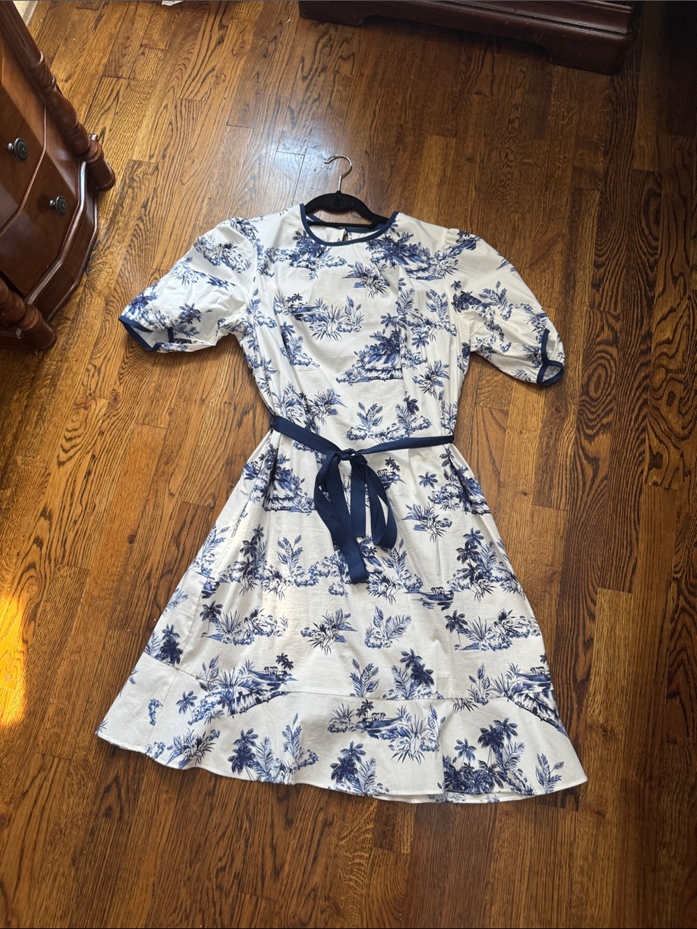 Donna Morgan White Midi Dress with Navy toile Floral Print and Navy Belt